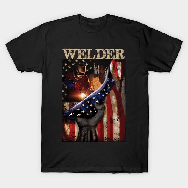 Welder American Flag Patriotic T-Shirt by Colorful Beach Sunset